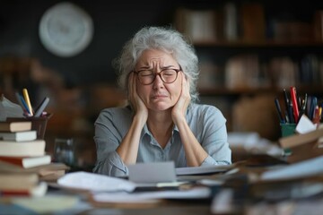 Overwhelmed Senior Businesswoman Sighing at Messy Desk in Office