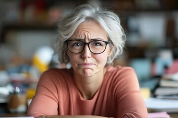 Overwhelmed Senior Woman Employee Sighing Amid Messy Office Desk Chaos