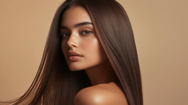 A beautiful model with long, shiny brown hair shows off the results of a keratin treatment. Her hair, obtained through advanced spa care.