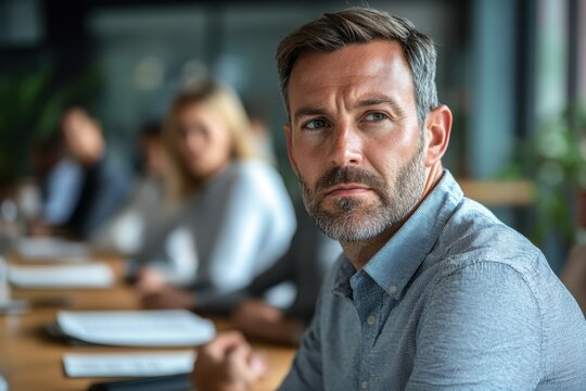 Disheartened Middle-Aged Man in Team Meeting, Suffering from Underappreciation and Defeat