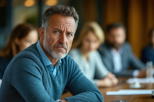 Defeated Middle-Aged Man in Team Meeting Struggling with Feeling Undervalued