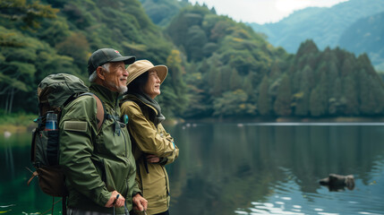 Senior couple in outdoor hiking outfit enjoying the view of lake and forest. Healthy lifestyle journey