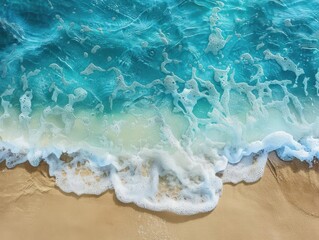 Obraz premium A topdown view of a clear blue wave meeting the sandy shore, creating a seamless blend of water and sand, with gentle ripples and foam, evoking a sense of calm and serenity