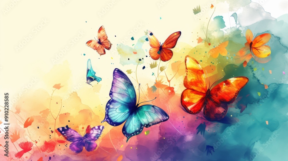 Poster Watercolor illustration of bright and colorful butterflies