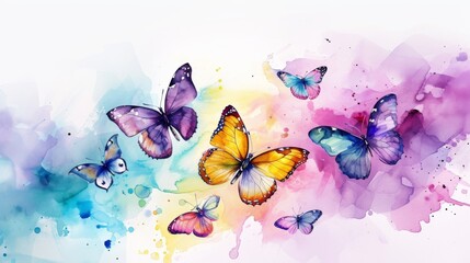 Watercolor illustration of bright and colorful butterflies