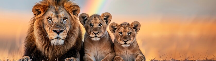 Naklejka premium Lion family under rainbow, unity and protection