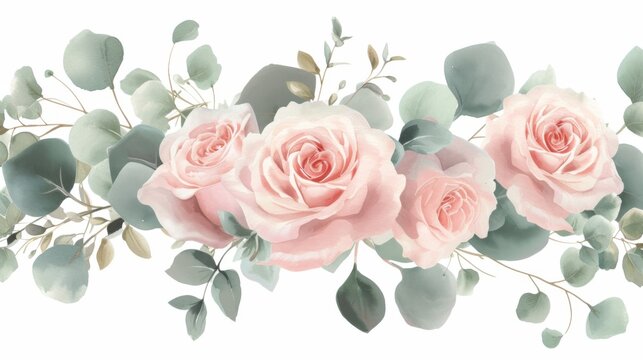 Watercolor illustration of dusty pink roses paired with eucalyptus leaves