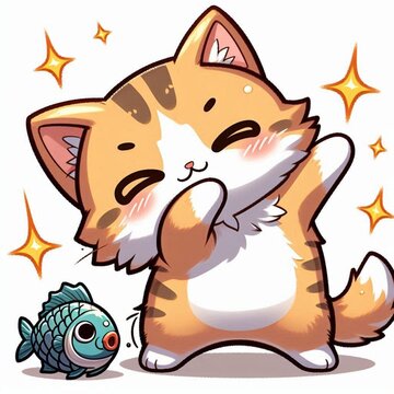 Cute chibi cat doing the Dab meme gesture with a fish on the ground on white background illustration, celebratory meme action