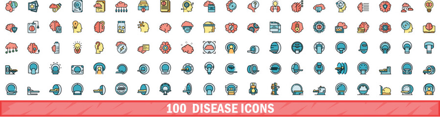 100 disease icons set. Color line set of disease vector icons thin line color flat on white