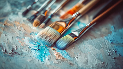 Fototapeta premium Essential tools for painting and expressing your creativity: Paint brushes and paints for your artistic pursuits and personal enjoyment.