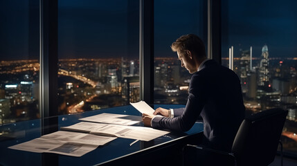 Elegant Businessman Analyzing Charts for Optimal Investments. Man working late at night with stunning view on city
