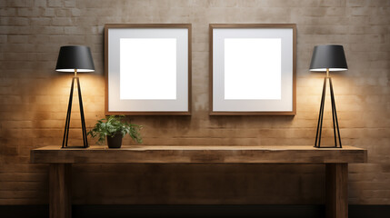 Hallway picture canvas mockup. A modern interior scene featuring a wooden table against a textured wall. Two empty picture frames mockups are mounted on the wall.