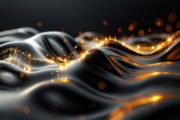 Flowing black and gold waves shimmer with sparkling highlights in the darkness
