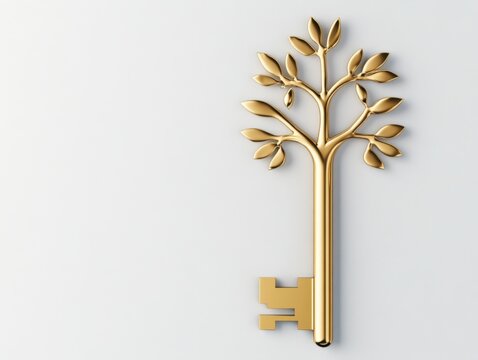 Golden tree key symbolizing growth and new beginnings in a minimalistic design