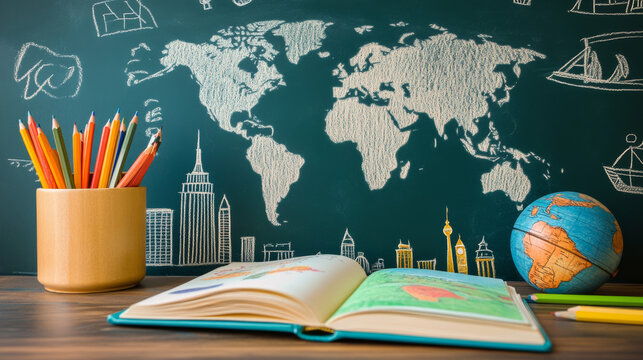Geography textbook open on a desk with chalk drawings of world landmarks and an earth globe.