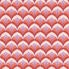 Fototapeta premium Vector pink and purple seamless pattern in retrostyle. Simple geometric botanical ornament. Abstract background texture with leaf or petal silhouettes, repeat tiles. Geo design for decor, print