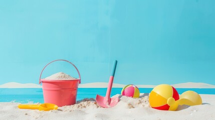 Beach lay flat with a sand bucket, spade, and beach ball.