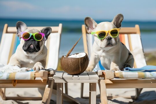 Two cute french bulldog puppies wearing sunglasses and sitting on the deckchairs with coconut juice. Generative AI