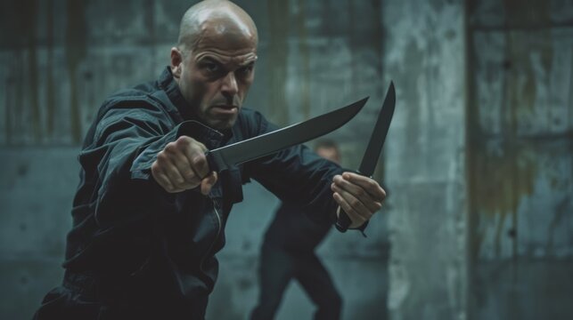 Self-Defense Training Scene: Instructor Demonstrating Knife Defense Technique in Safe Environment