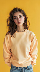Obraz premium A woman is wearing a yellow sweater and blue jeans