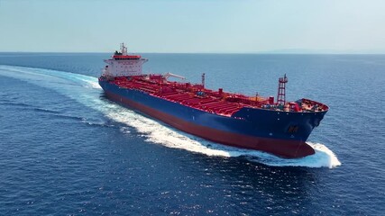 Aerial tracking view of a heavy crude oil tanker traveling with speed over the ocean