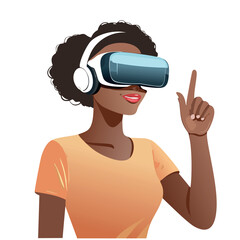 Naklejka premium Modern Illustration of a Smiling Woman Using Virtual Reality Headset, Pointing Upwards