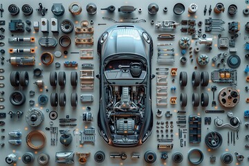 One car surrounded by disassembled car parts and details. Layout photography related to maintenance, repair, support, car diagnostics.
