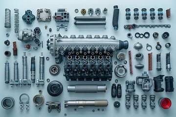 One car engine surrounded by disassembled car engine parts and details. Layout  ai generated photography related to maintenance, repair, support, car diagnostics.
