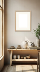 Kitchen picture mockup. A minimalist interior scene featuring a wooden table with various ceramic dishes and a pitcher. A large window allows natural light to illuminate.