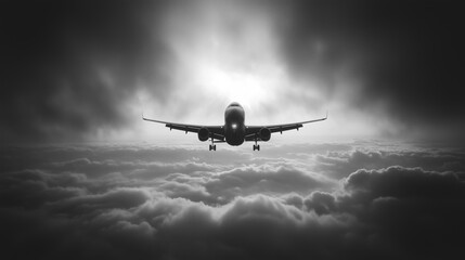Capturing Airplane Flying Through Cloudy Sky, black and white