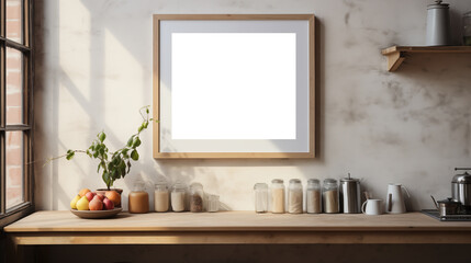 Kitchen picture canvas mockup. A minimalist kitchen scene featuring a wooden countertop with a bowl of colorful apples, jars of various ingredients, and a coffee maker.