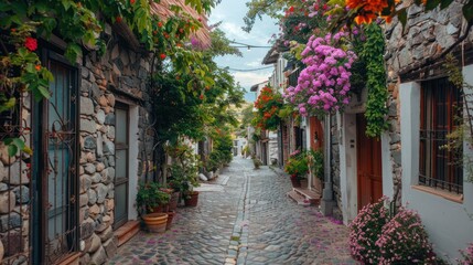 Fototapeta premium Quiet village with cobblestone streets and blooming flowers.