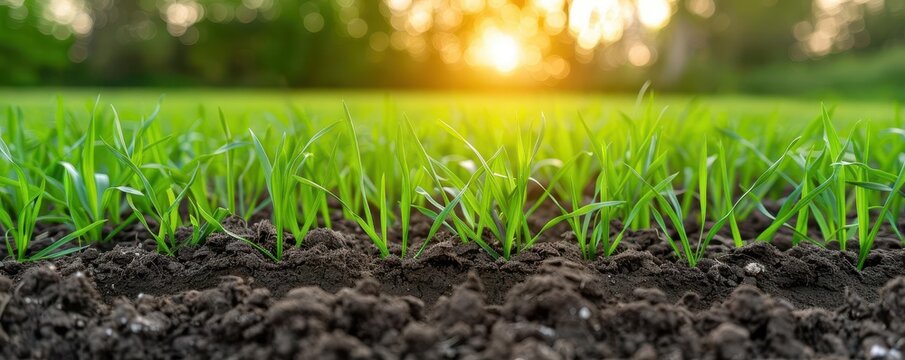 Regenerative agriculture field, healthy soil promoting plant growth, sunny day