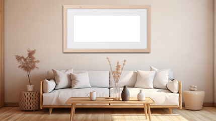 Kitchen picture mockup. A cozy living room featuring a light-colored sofa with multiple cushions, a wooden coffee table, and a decorative vase. A large empty frame mockup .