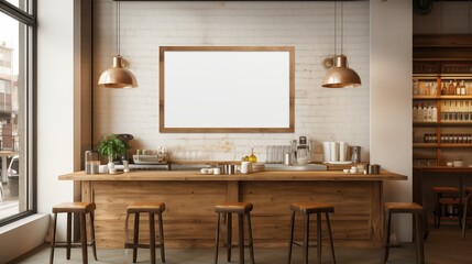 Kitchen framed picture canvas mockup. A modern coffee shop interior featuring a wooden counter with stools, copper pendant lights, and a blank framed wall.