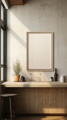 Framed picture canvas mockup in the kitchen. A minimalist kitchen interior featuring a wooden countertop, a potted plant, and a blank picture frame mockup on the wall..