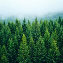 Fototapeta premium A breathtaking scene of a dense pine forest, with tall trees reaching into the sky, their needles forming a lush green canopy, bathed in the soft light of a misty morning