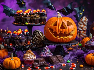 Trick or treat party and Pumpkin Jack-O-Lantern surrounded by halloween decor