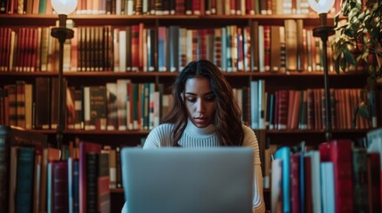 Woman studying on a laptop screen in a library.