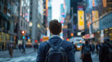 Fototapeta premium A young professional walking through a busy city street.