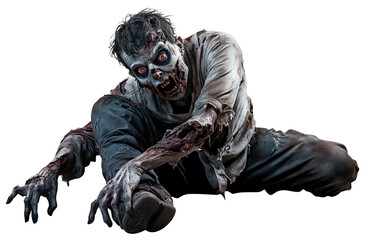 Creepy zombie with a twisted expression, leaning to one side and dragging a broken leg, looking menacingly on a solid white background