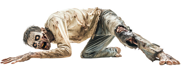 Creepy zombie with a twisted expression, leaning to one side and dragging a broken leg, looking menacingly on a solid white background