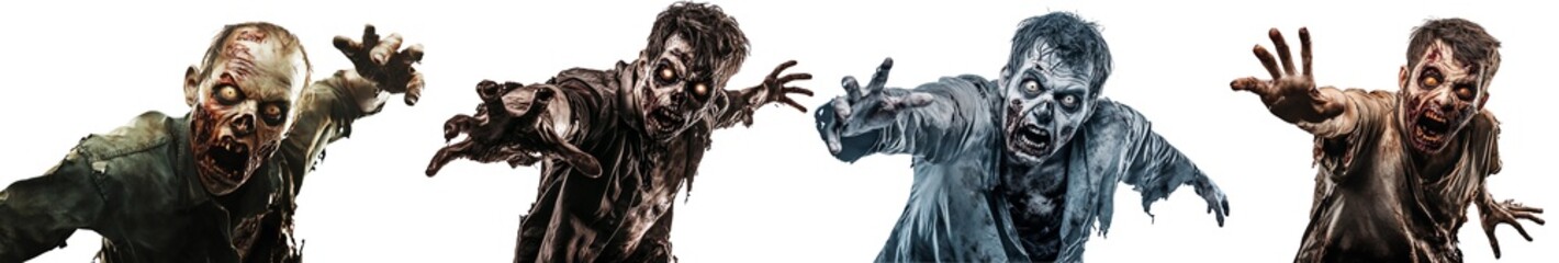 Fototapeta premium Set of zombies with sunken eyes and torn clothing, standing with one arm raised and a menacing snarl on a solid white background