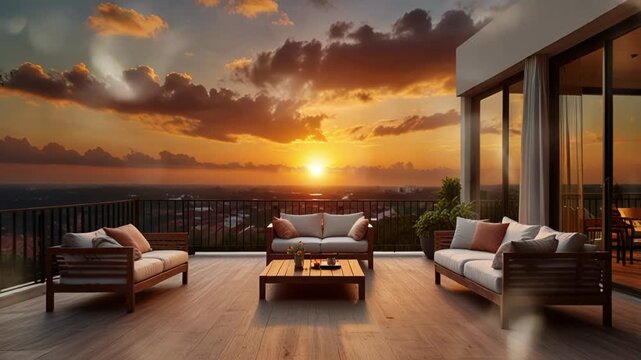 chairs and tables on the rooftop at sunset. seamless looping 4k video