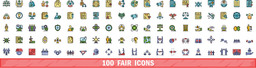 100 fair icons set. Color line set of fair vector icons thin line color flat on white