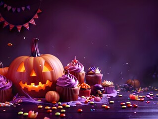 Trick or treat party and Pumpkin Jack-O-Lantern surrounded by halloween decor