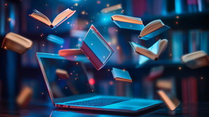 Online learning concept with a laptop and floating books. The image conveys smart thinking and brainstorming.