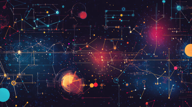 Mathematical formulas and physics concepts illustrated in a 2D style. Different mathematical equations are displayed against a dark background with symbols.
