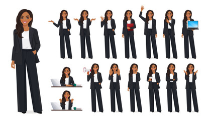 Big set of Indian beautiful business woman wearing black suit in different poses. Various gestures female character standing and sitting at the desk isolated vector illustration