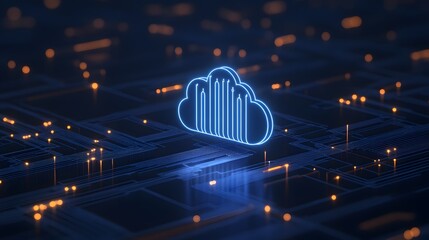3D cloud computing icon glowing in a digital network environment with circuit lines and data points. Futuristic technology illustration.